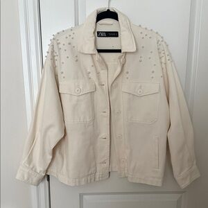 Zara Pearl-Studded Cream Oversized Jean Jacket